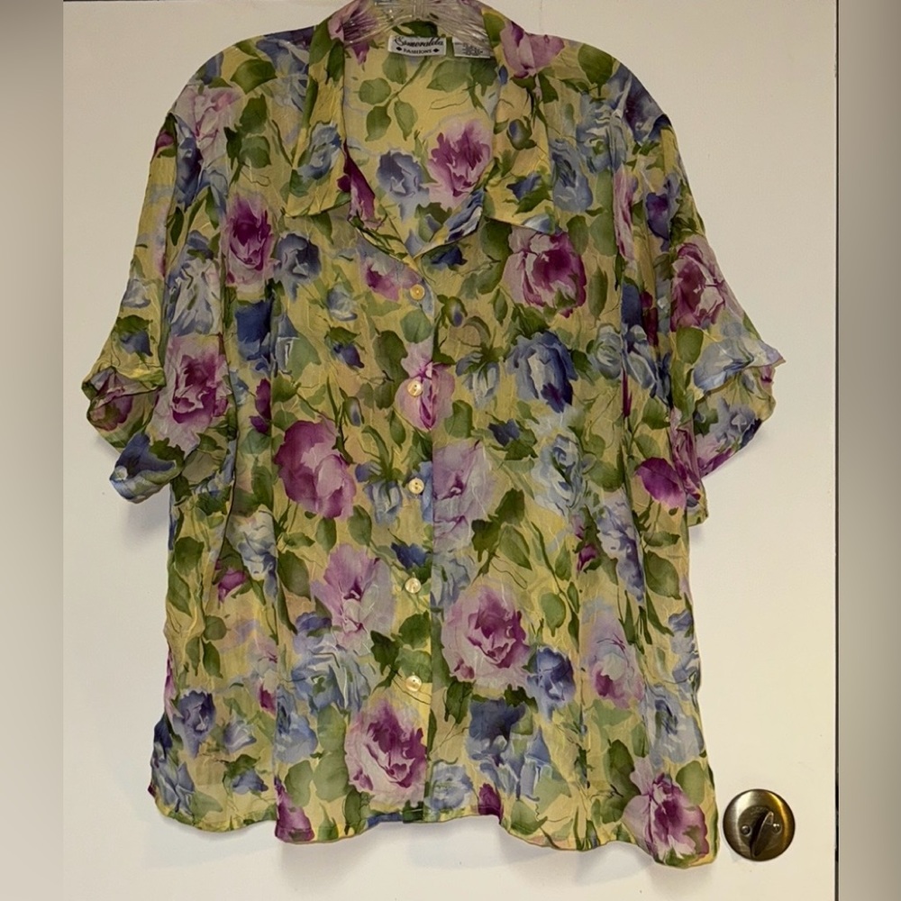 Vintage Esmeralda Fashions Sheer Floral Blouse Feminine Crinkle Button Down 24W